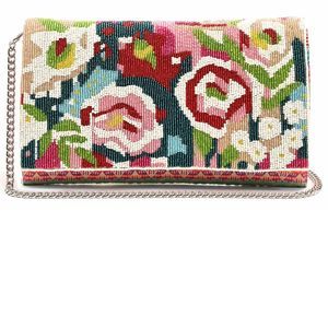 A & B Geo Floral Beaded Flap Clutch Handbag Pink Purple Cream Bag Flower Chain